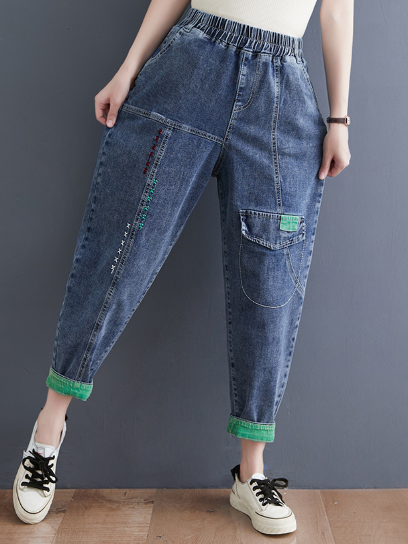 Denim Casual Western Style Loose Large High Waist Denim Pants - Fashionpara