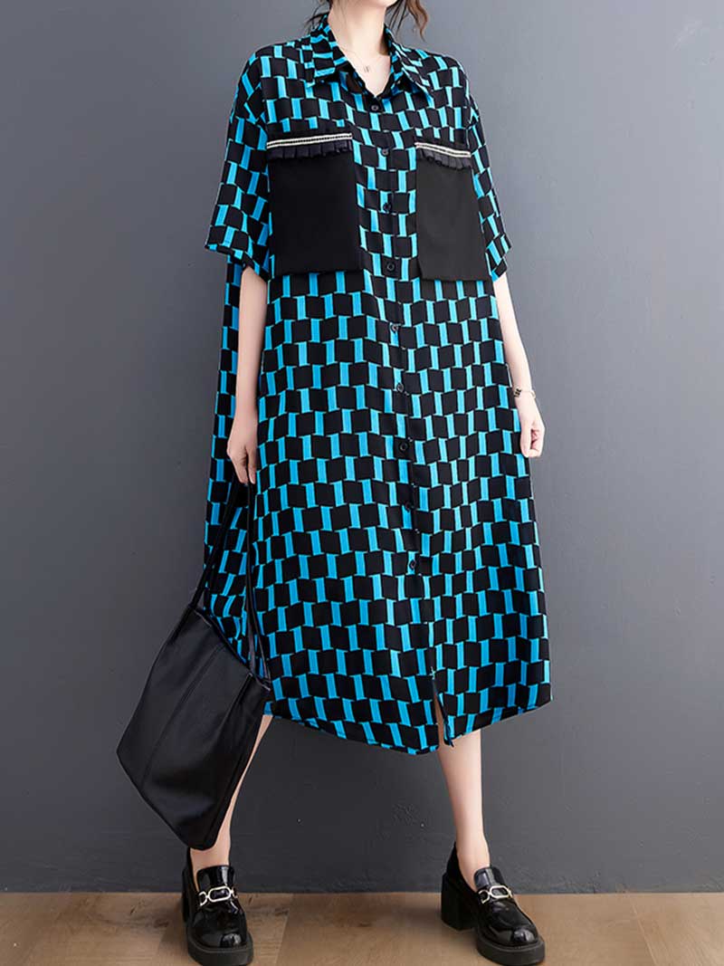 Plaid Print Cotton Front Pockets Shirt Dress 2
