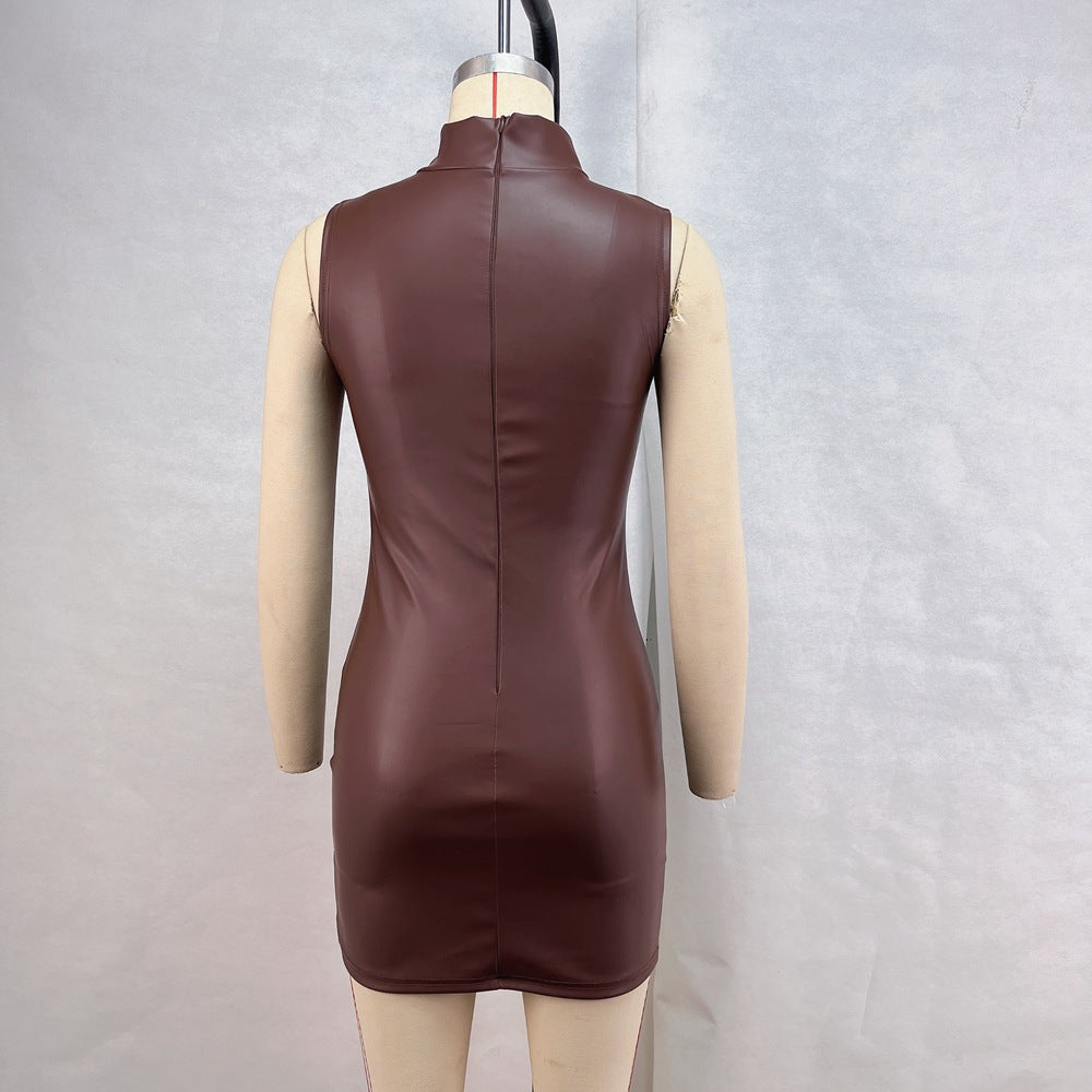 Faux-Leather Mock-Neck Sleeveless Bodycon Mini Dress 9