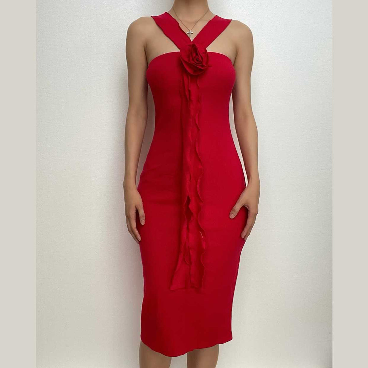 Ribbed Knit Halter Neck Flower Applique Ruffle Bodycon Midi Dress