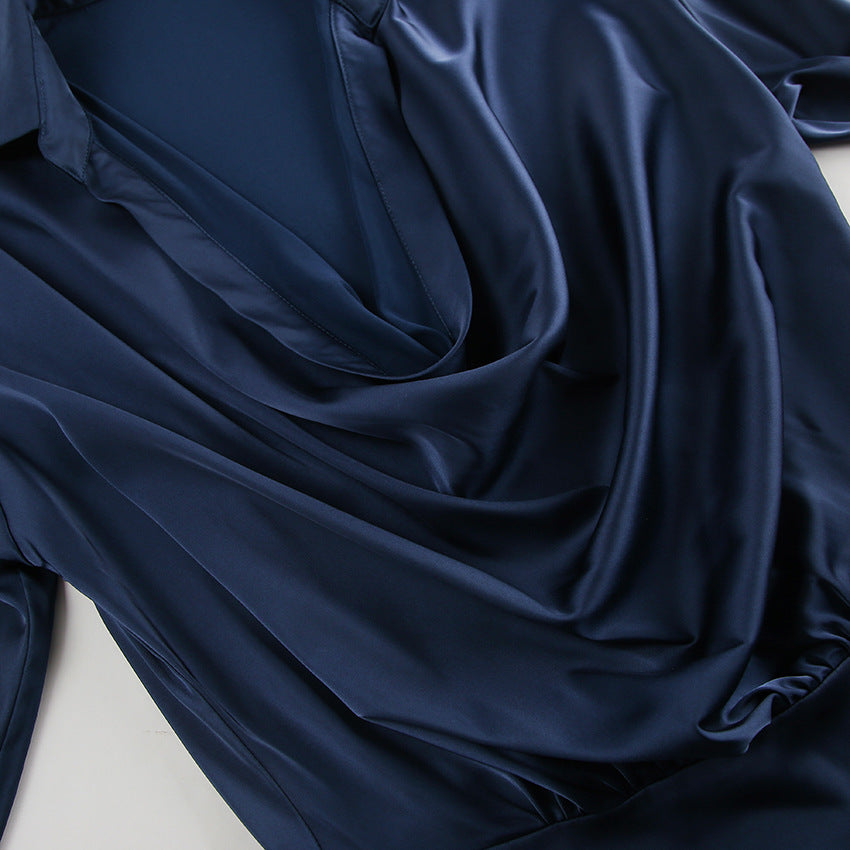 Satin Collared Cowl-Neck Long-Sleeve Mini Dress 9