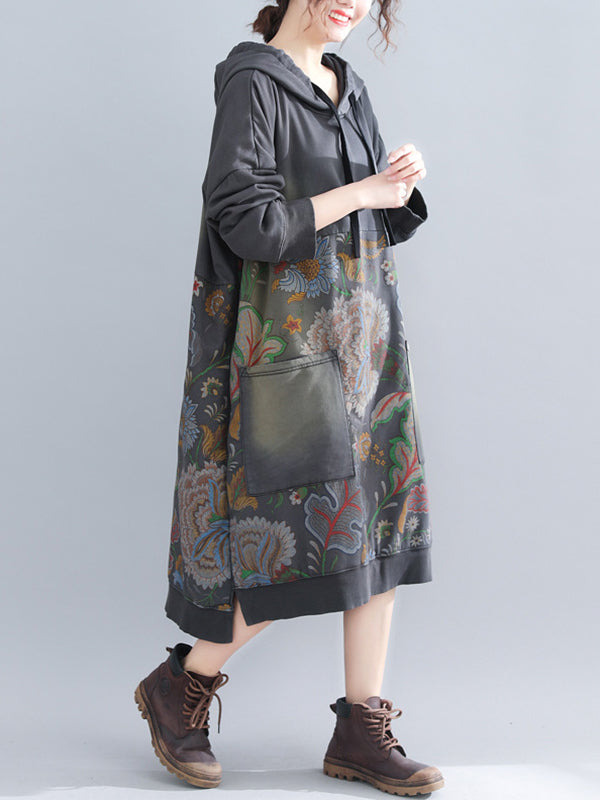 Jo V-Neck Hooded Sweatshirt Floral Prints Shift Dress - Fashionpara