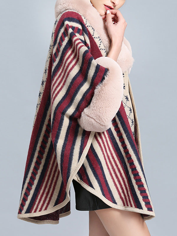 Stripe Bordeus Fluffy Neck Plus Size Cape Cardigan 11