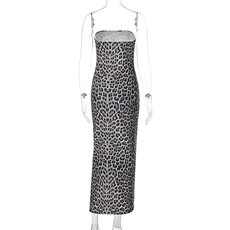 Leopard Print Strapless High-Slit Bodycon Maxi Dress 8
