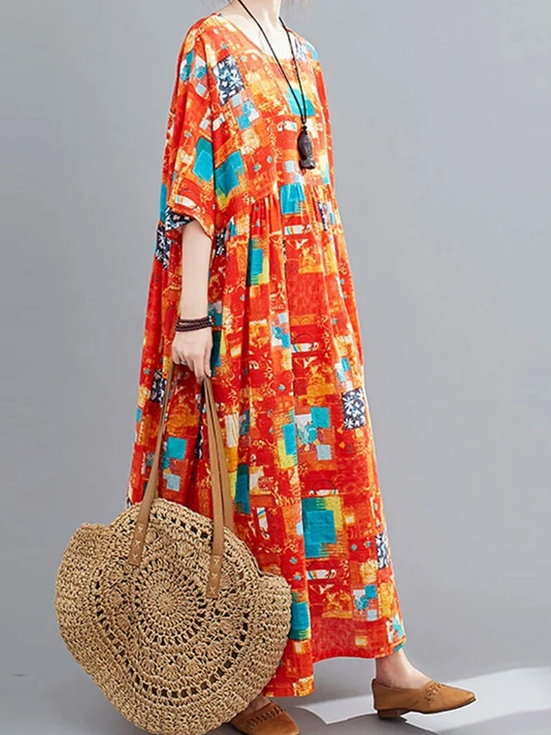 Abstract Patchwork Round Neck Smock Maxi Dress 2