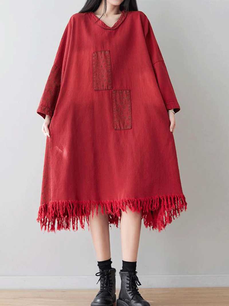 Patchwork Pocket V-Neck Long Sleeve Frayed-Hem Midi Dress