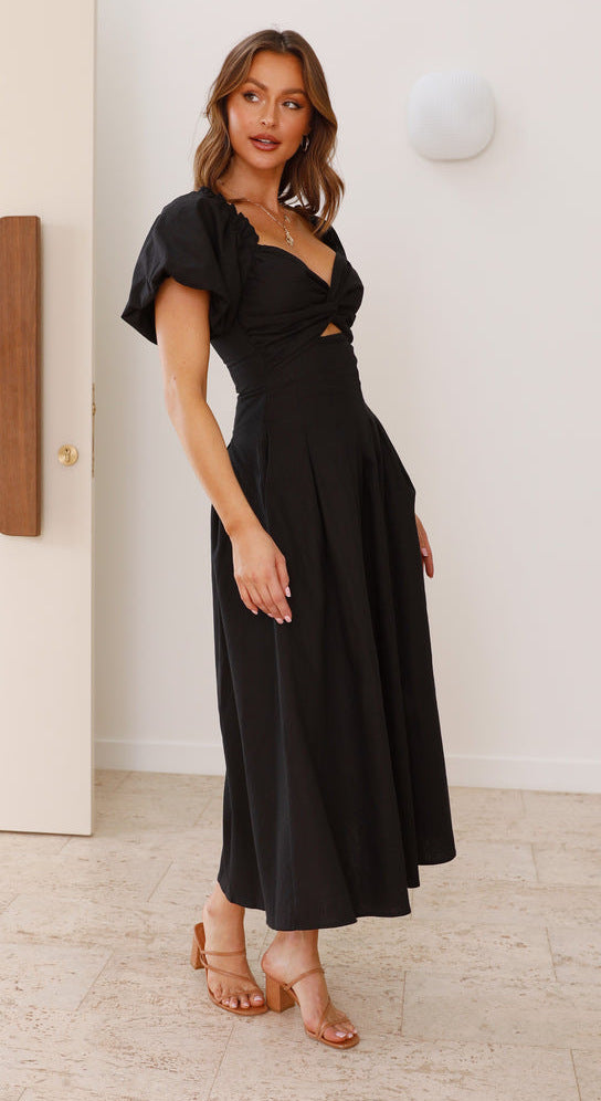 Sweetheart Puff-Sleeve Twist-Front Cut-Out Midi Dress 10