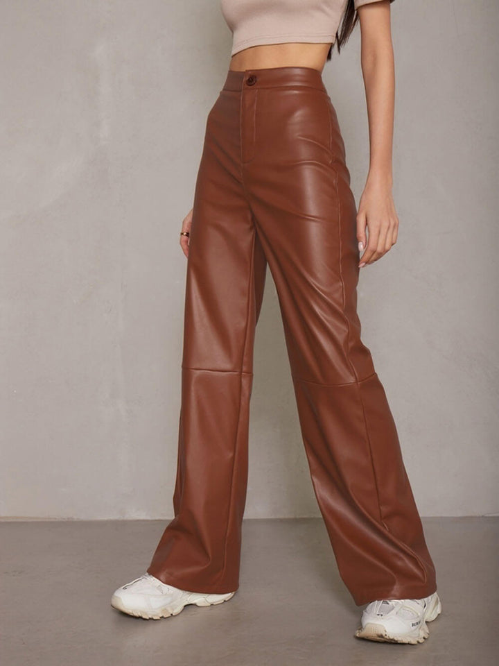 Casual High Waist PU Wide Leg Pants - Fashionpara