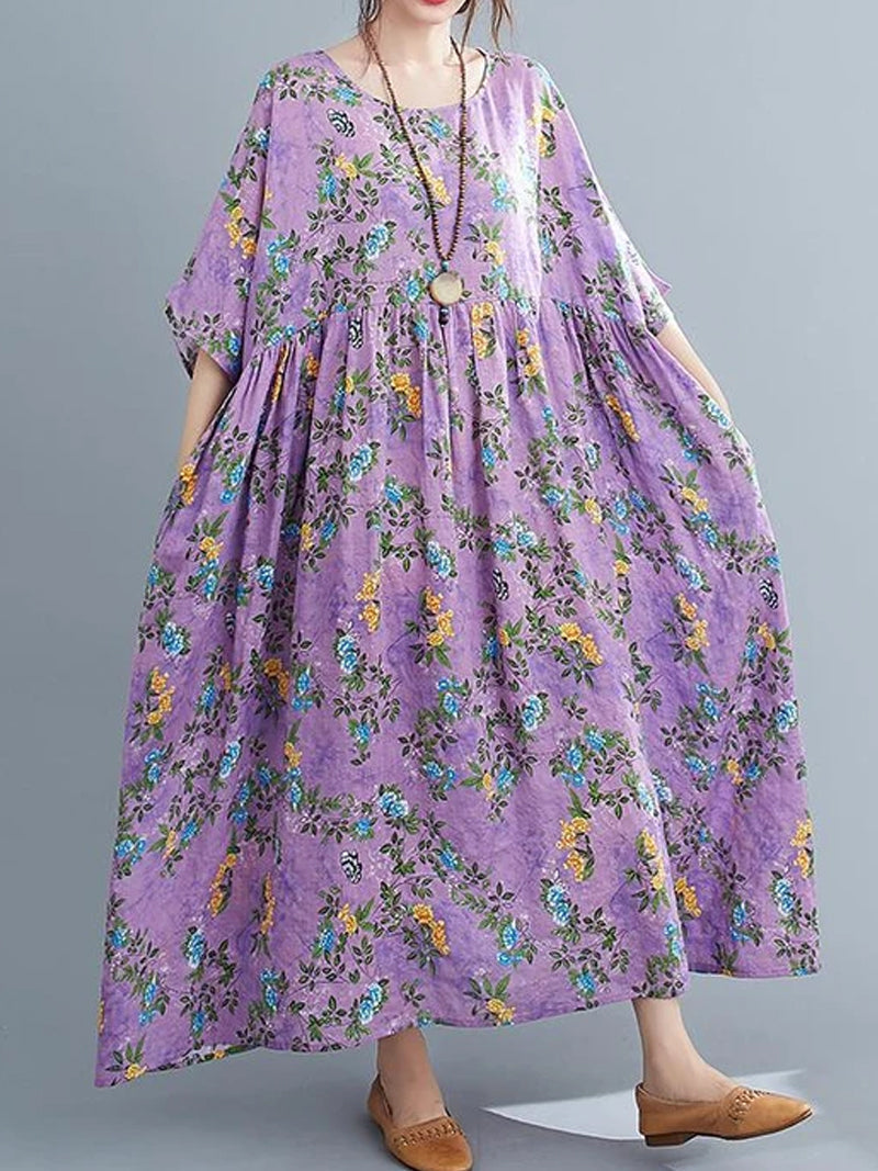 Floral Print Round Neck Short Sleeve Smock Maxi Dress 3