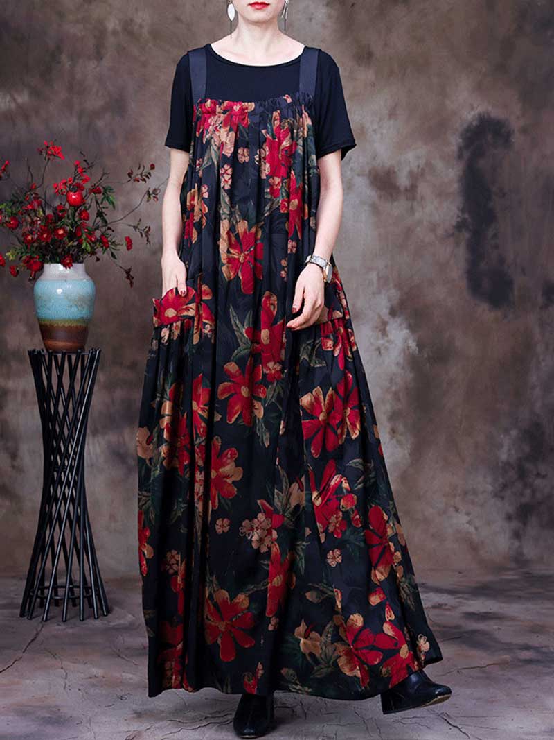 Always Glowing Printed Pleated Pocket Maxi Salopette Dress - Fashionpara