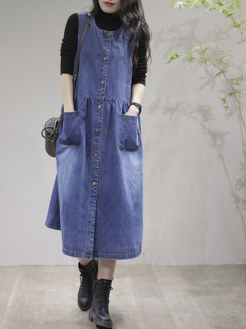 Denim Round Neck Sleeveless Button-Front Pinafore Midi Dress 4