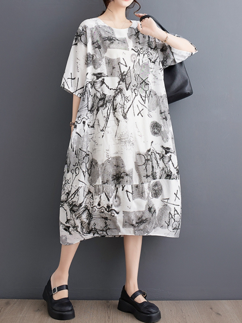 Down To Earth Round Neck Short Sleeves Midi Dress - Fashionpara