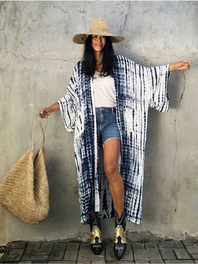 Tie-Dye Print Different Color Rayon Long Length Gown Kimono Duster Robe - Fashionpara