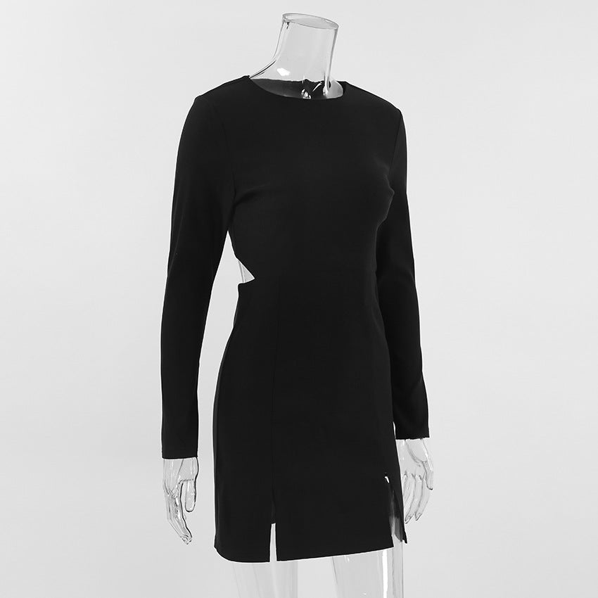 Ribbed Knit Crew Neck Long Sleeve Slit Mini Dress 8
