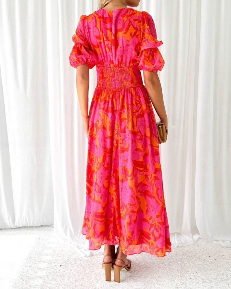 Floral Deep V-Neck Puff Sleeve High Split Maxi Dress 3