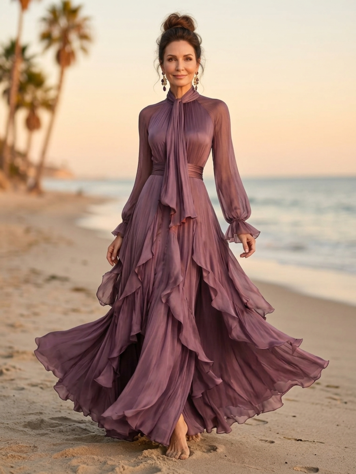 Tie Neck Long Sleeve Tiered Ruffle Chiffon Maxi Dress