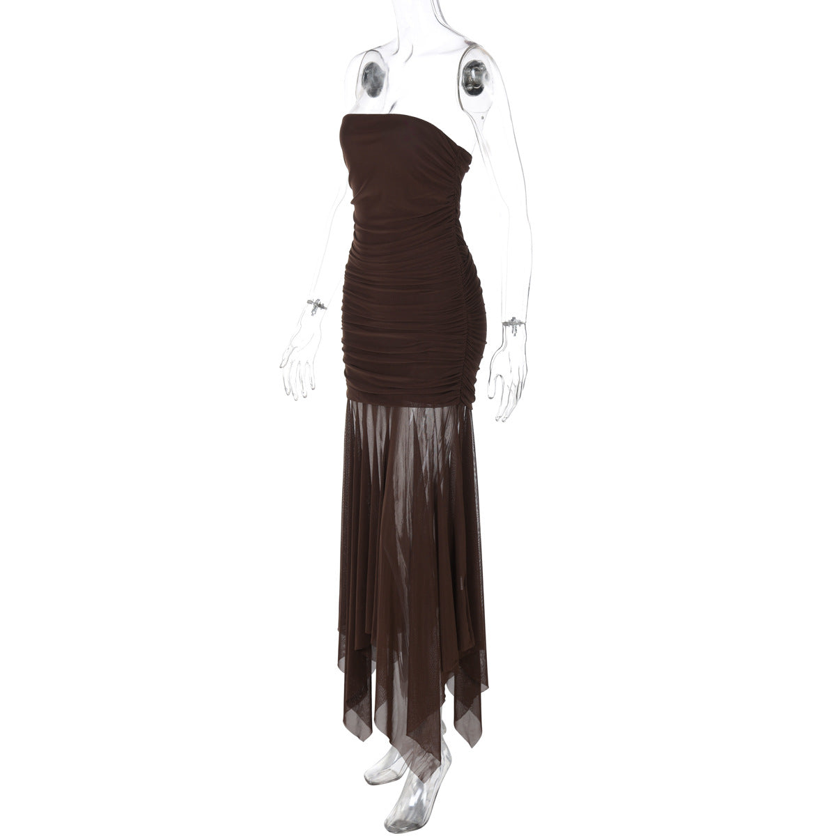Mesh Strapless Ruched Bodycon Fishtail Maxi Dress 9