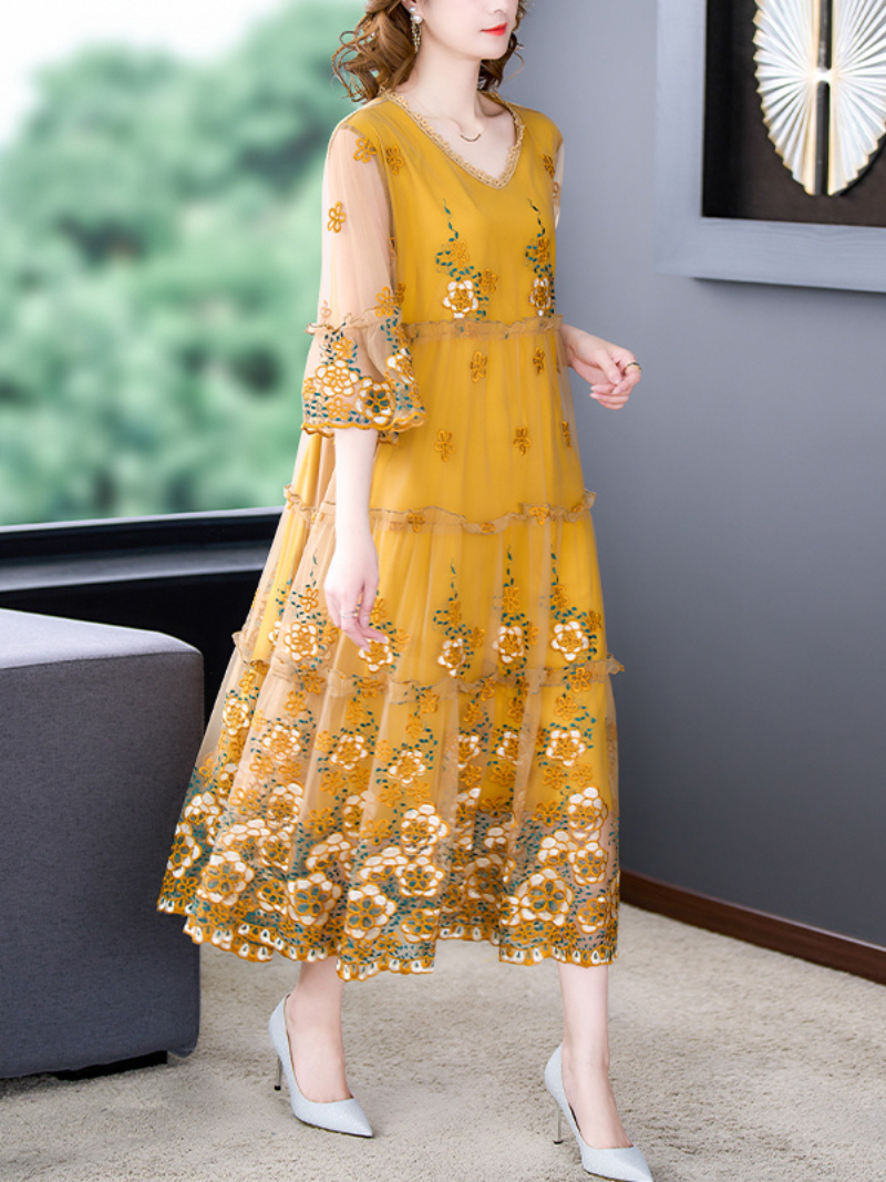 Floral Embroidered Mesh Round-Neck A-Line Maxi Dress 4
