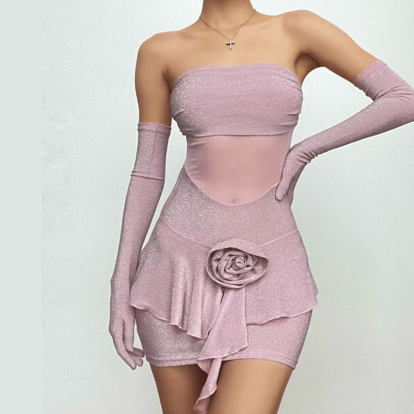 Glitter Strapless Mesh Cut Out Flower Applique Bodycon Mini Dress