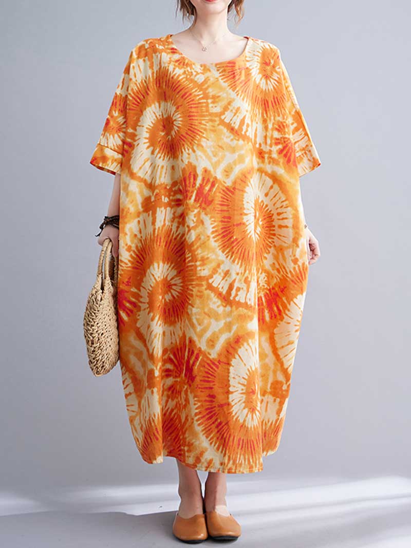 Tie-Dye Print Round Neck Short Sleeve Cocoon Midi Dress