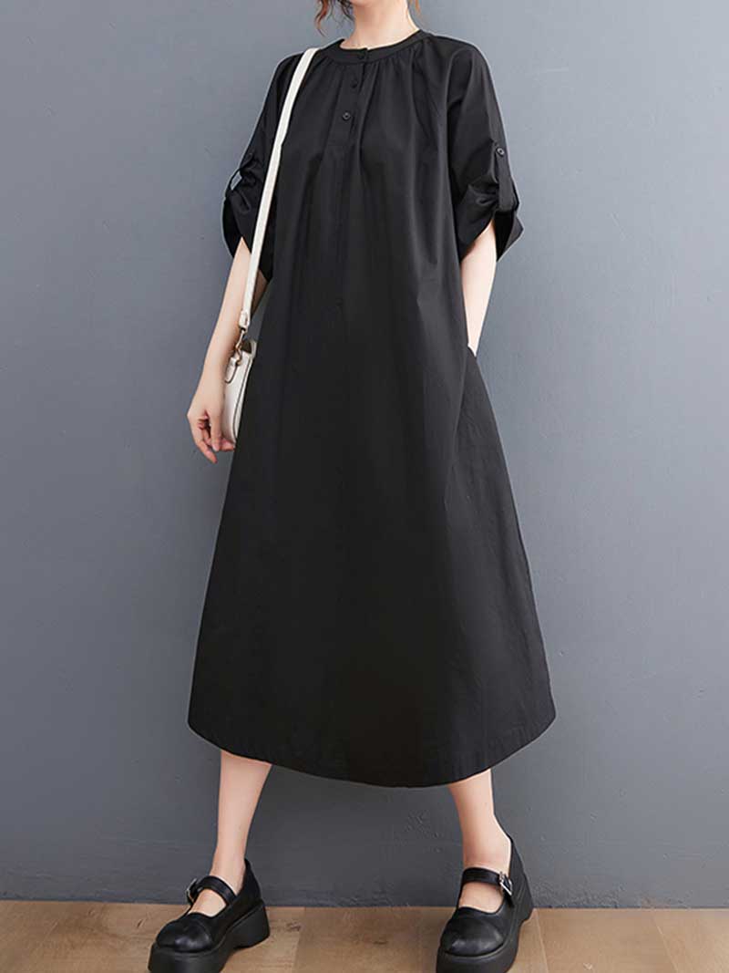 Plain Cotton Short Sleeve A-Line Dress - Fashionpara