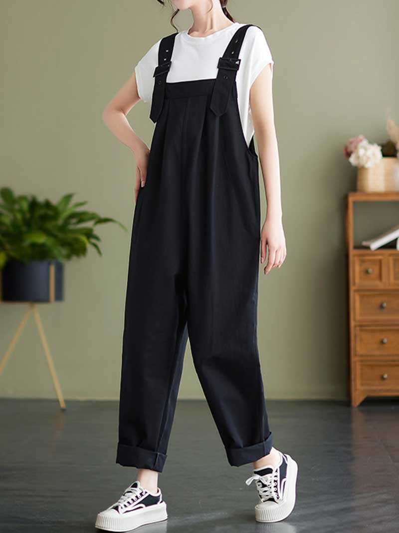 Plain Cotton Overalls High Waist Dungaree - Fashionpara
