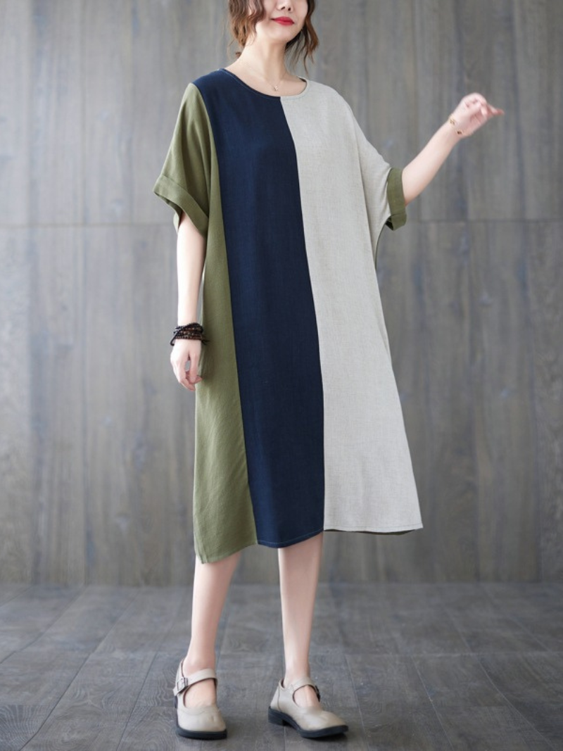 Round Neck Short Sleeve Contrast Panel Shift Midi Dress