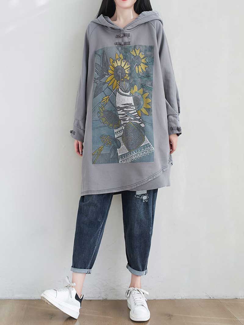 City Of Stars Floral Print Hooded Sweater Midi Dress - Fashionpara