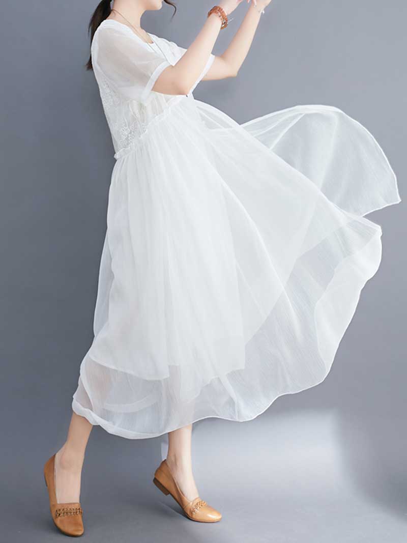Embroidered Silk Round-Neck A-Line Dress - Fashionpara