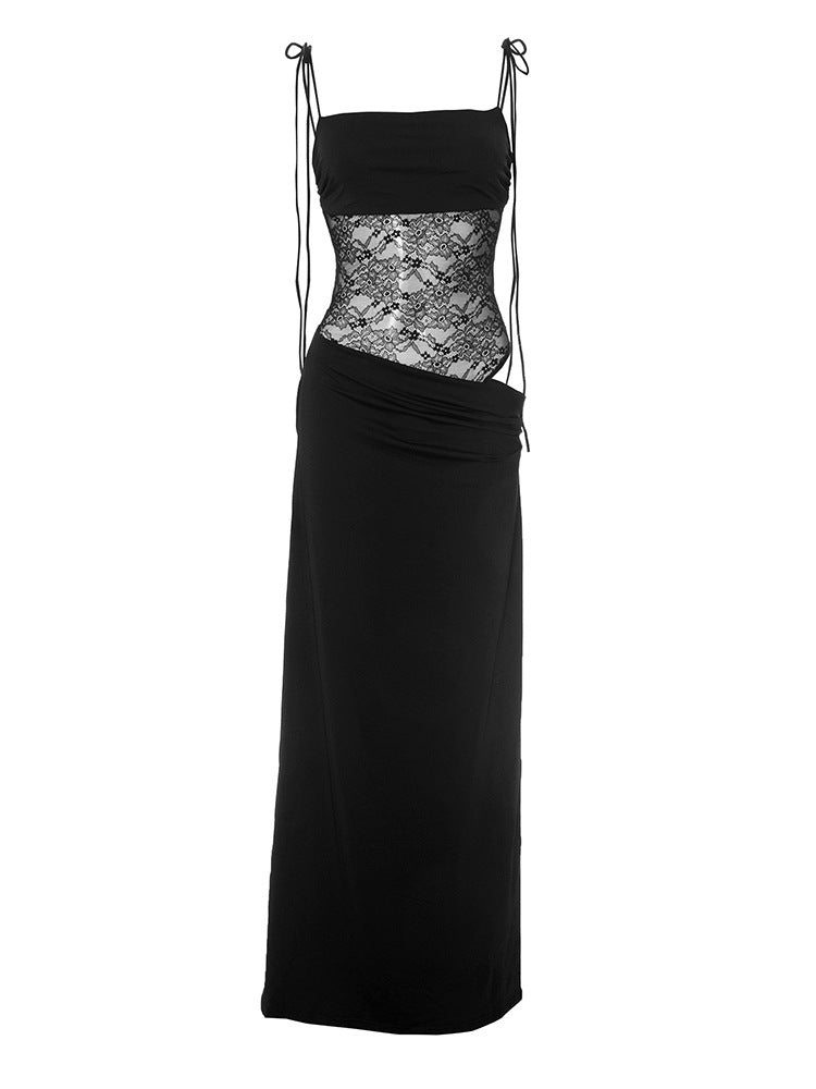 Strappy Lace-Panel Straight-Neck Column Maxi Dress 9
