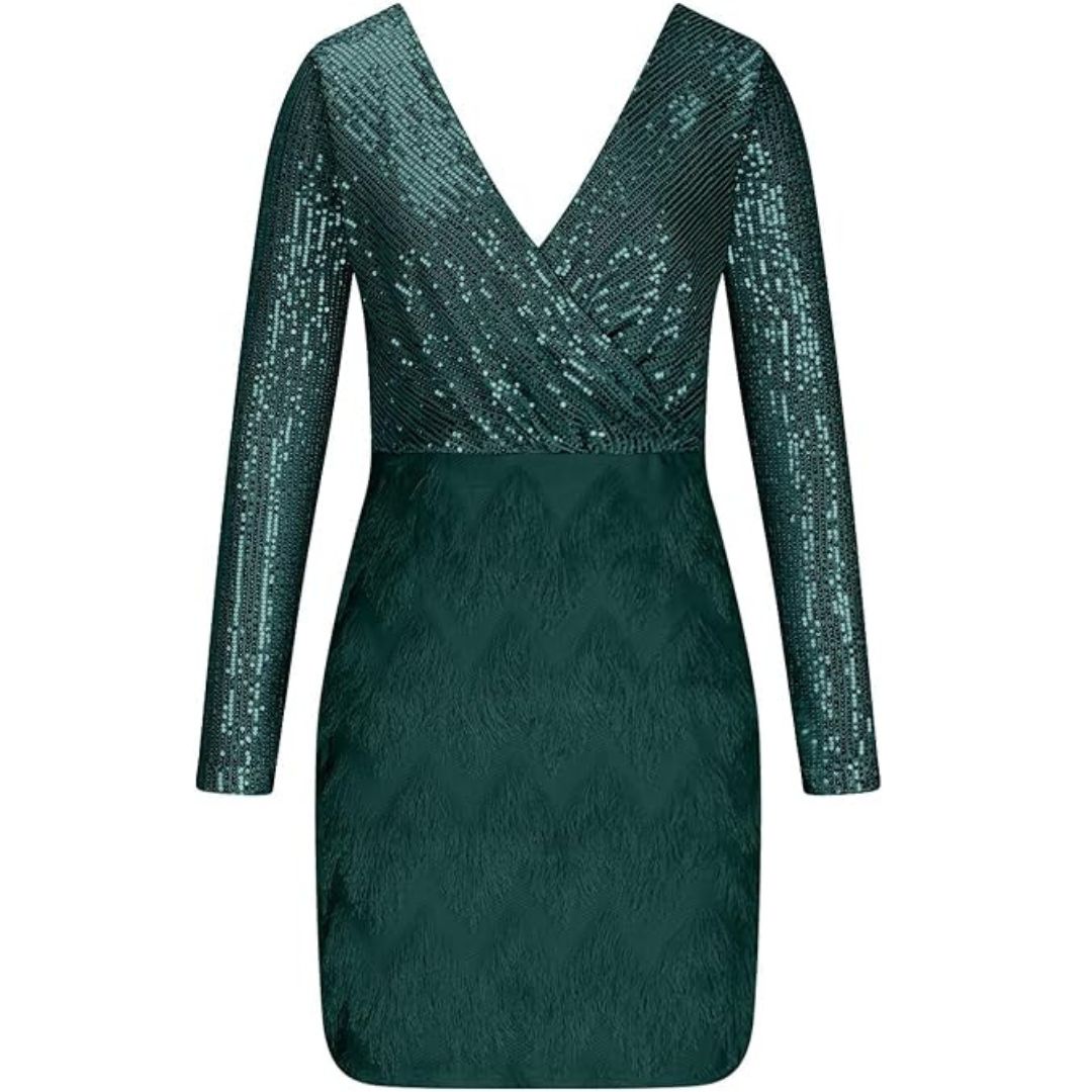 Sequin Deep V-Neck Wrap Long Sleeve Textured Skirt Mini Dress - View 18