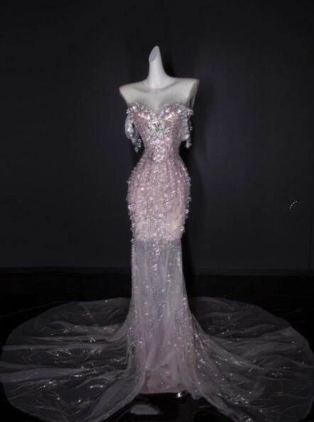 Gorgeous Strapless Pink Sequin Beaded Mermaid Long Evening Dress Party Dress With Cape D1196