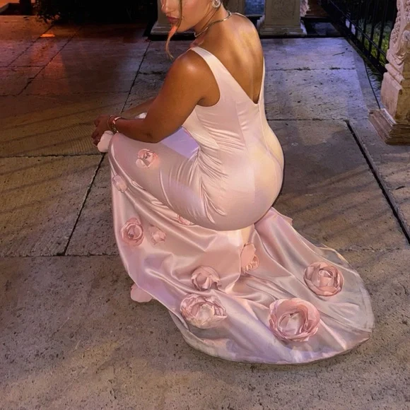 Pretty Pink Satin 3D Rose Flowers Mermaid Party Dress Long Evening Gown D1360