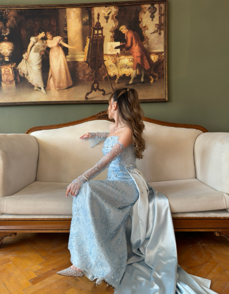 Classy Strapless Light Blue Satin Tulle Beaded Mermaid Prom Dress Long Party Gown D871