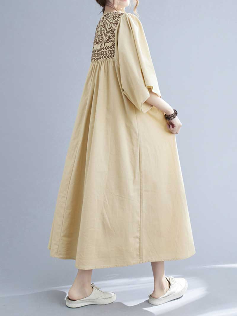 Embroidered Yoke Round Neck Tassel-Tie Batwing Midi Dress 6