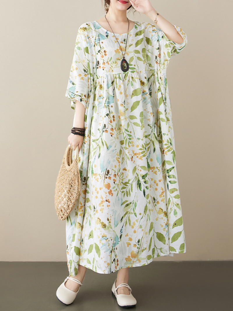 Floral Print Round Neck Half-Sleeve Smock Maxi Dress
