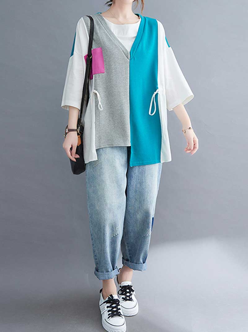 Colorful Print Round-Neck Shirt Top - Fashionpara