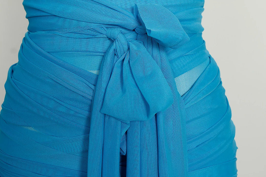 Sheer Mesh Wrap Tie Ribbon Mini Dress - Fashionpara