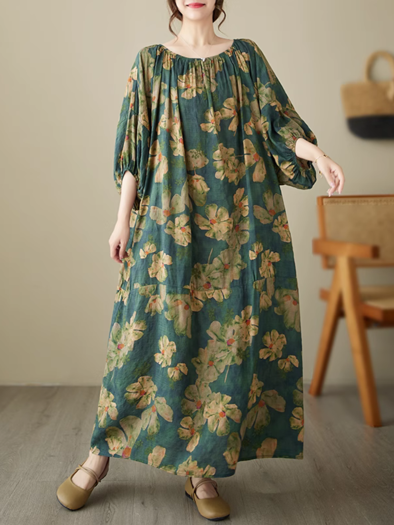 Abstract Floral Round Neck Lantern-Sleeve Loose Maxi Dress