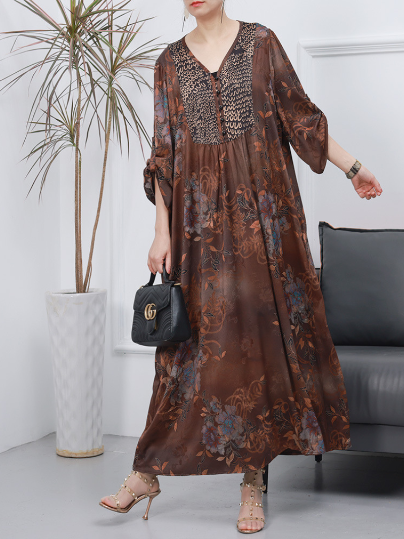 Floral Print V-Neck Smocked Yoke Long Sleeve Maxi Dress