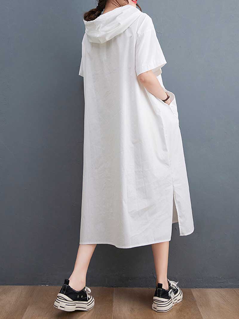 Hooded Short Sleeve Double Patch-Pocket A-line Midi Dress 4