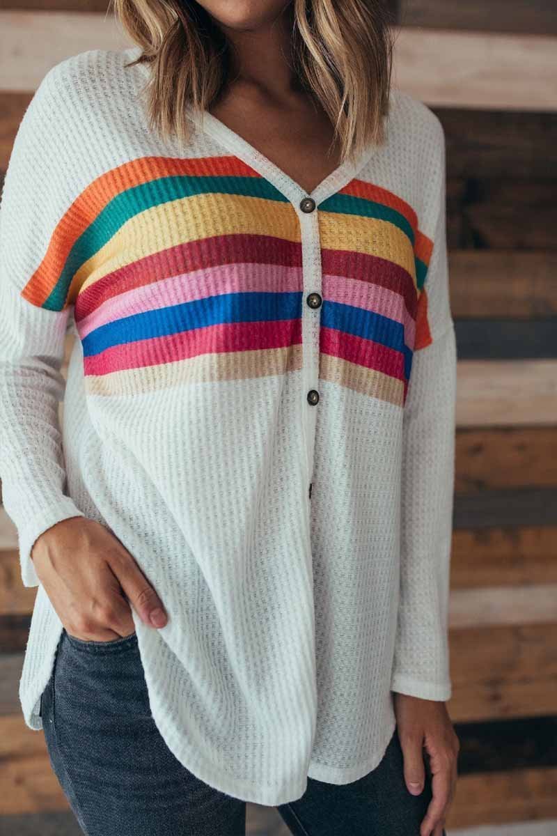 Florcoo Striped Rainbow Casual Button Tops - Fashionpara