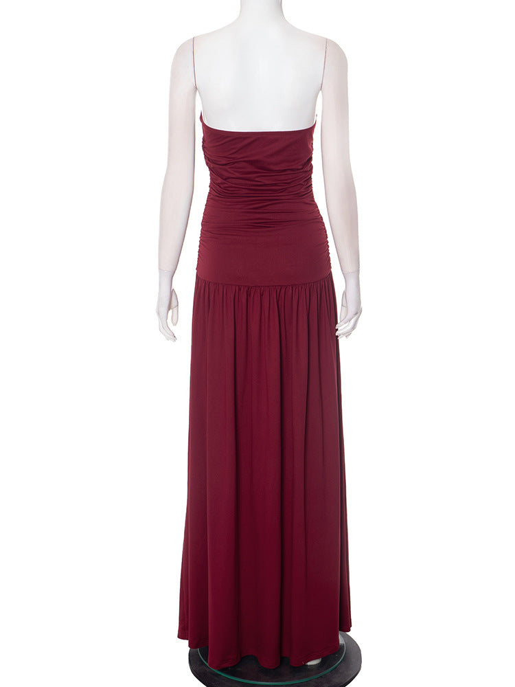 Strapless Ruched Bodice Drop Waist Maxi Dress 9