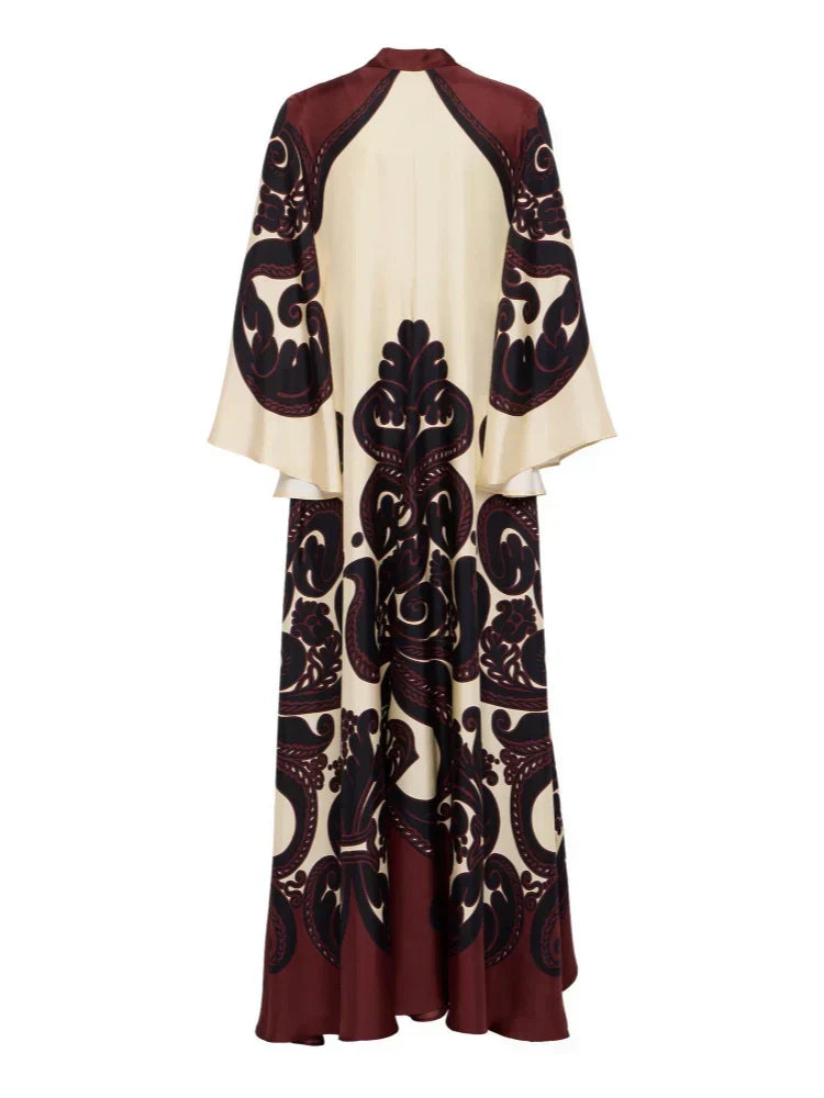 Scroll Print Satin Tie Neck Bell Sleeve A-Line Maxi Dress - View 8