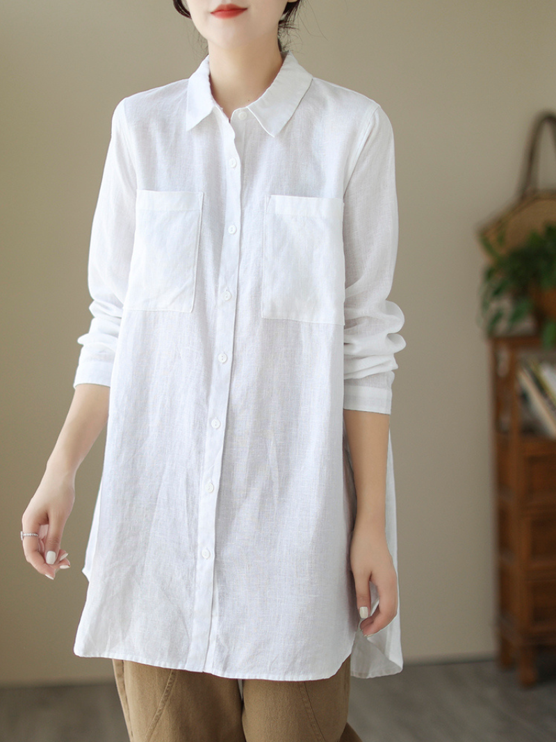 Casual Long-Sleeved Shirt Loose Mid-Length Button Shirt Top With Pocket - Fashionpara