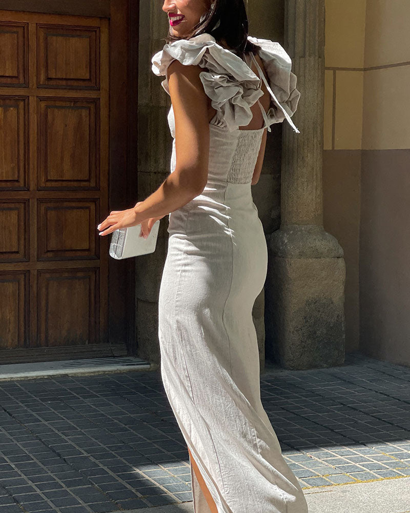Chic shoulder strap slit cotton and linen dress - Fashionpara