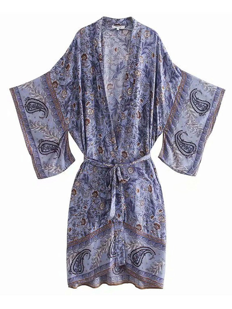Partywear Floral With Birds Print Purple Color Cotton Long Length Gown Kimono Duster Robe 4