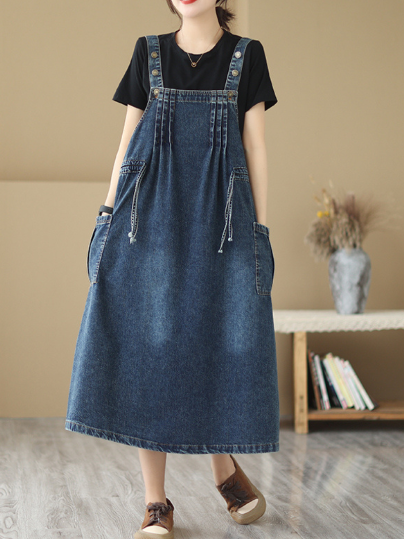 Pure Soul Denim Round Neck Loose Salopette Dress - Fashionpara