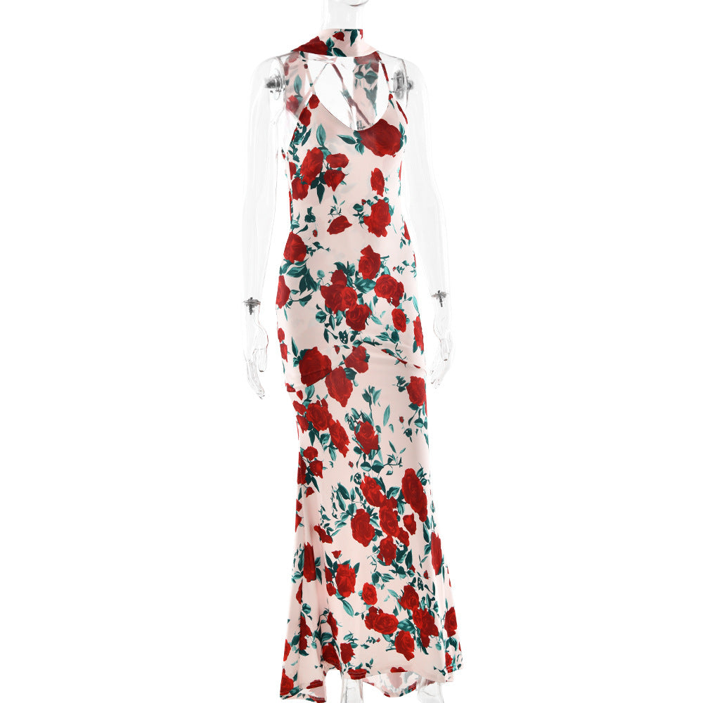 Floral Halter Cowl-Neck Backless Mermaid Maxi Dress 9
