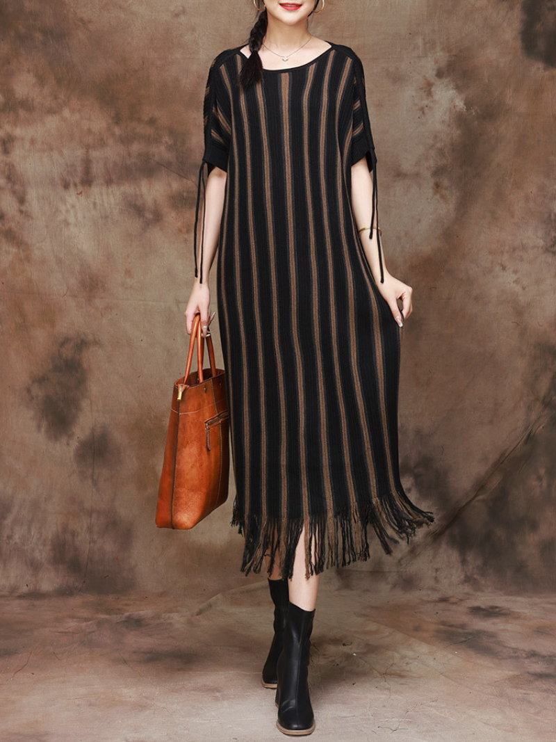 Striped Knit Round-Neck Fringe-Hem Midi Dress 8